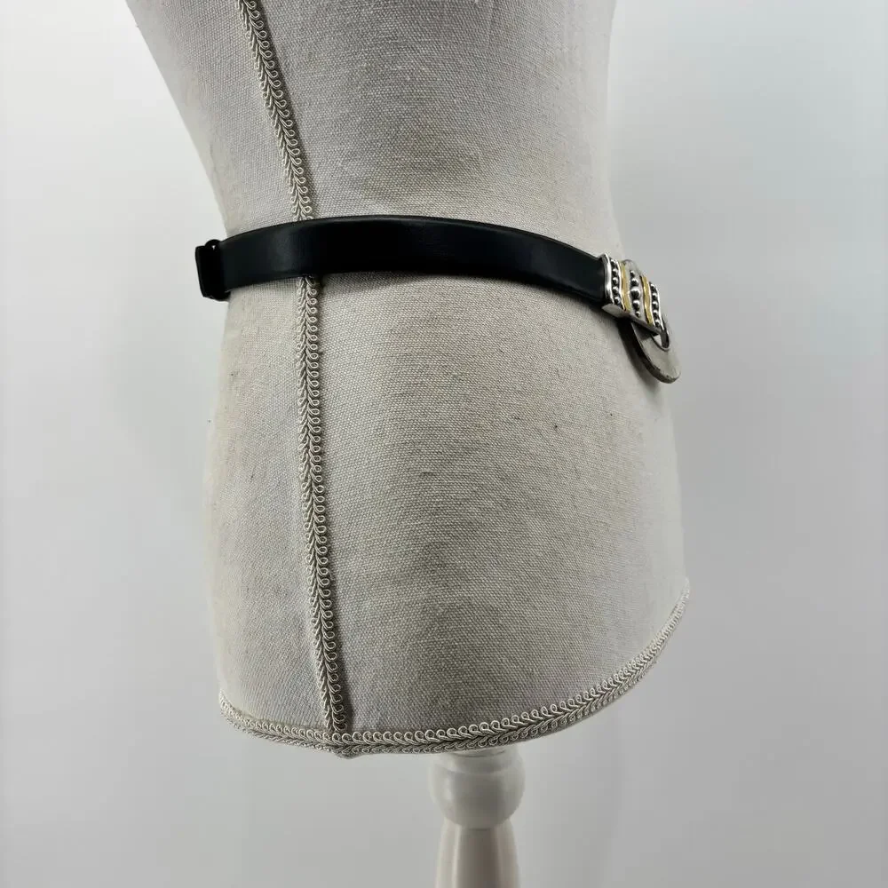 Chicos Womens Small Medium Black Leather Belt Circle Hook Buckle